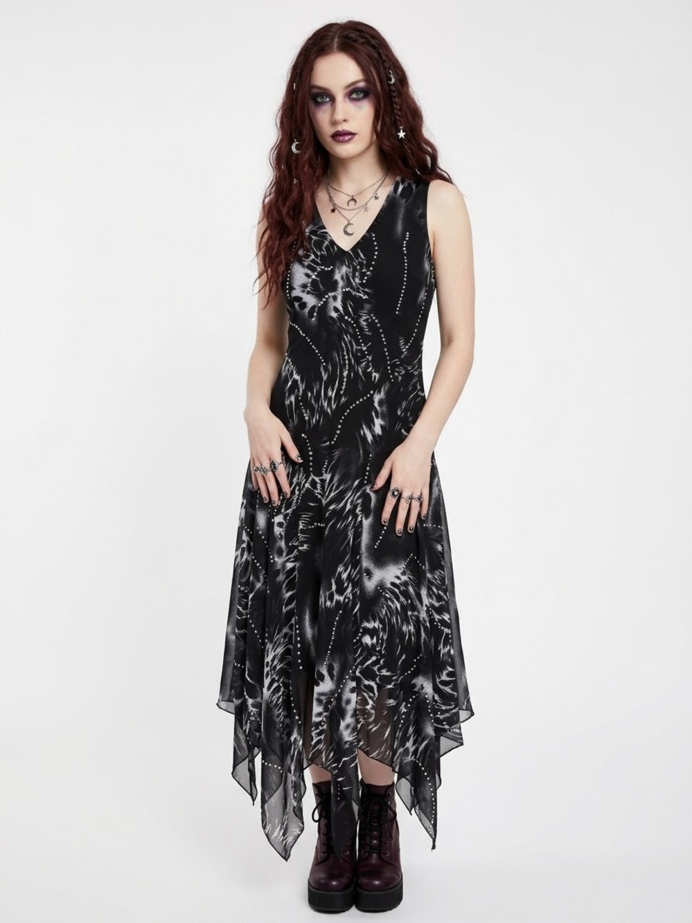 Y2K Whimsigoth Bias Cut Maxi Dress Beaded Witchy V-Neck Handkerchief Fairycore